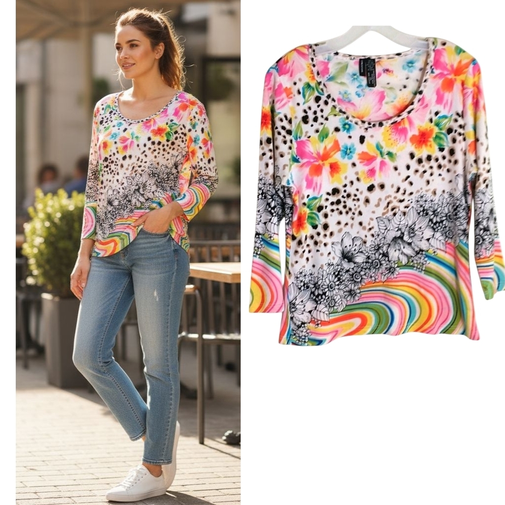 Lynn Richie  Silk Knit Top Wmn's Sz L Multicolor Mixed Print 3/4 Sleeve Popover
